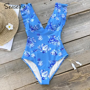 SEASELFIE 2021 Sexy Modré Kvetinový jednodielne Plavky, Plavky Ženy Hlboké V-neck Celých Plavkách Kombinézu plavky Plážové oblečenie