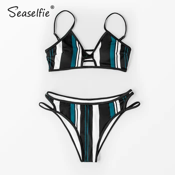 SEASELFIE Sexy Modré Biele a Čierne Pruhované Bikín Plavky Dva Kusy Plavky Ženy 2021 Leto, Pláž, Kúpanie Oblek