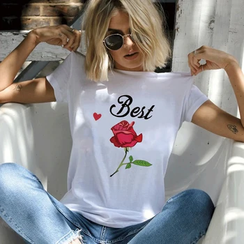 Seeyoushy Valentines Day Žena Tshirts Najlepšie Ruža Srdce Tlač Grafické T Košele Estetické Ženy Oblečenie Harajuku Ropa Mujer
