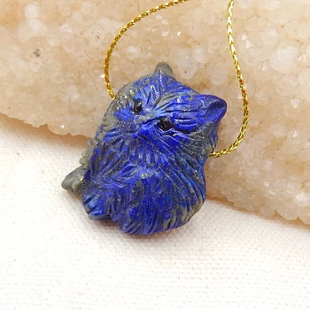Semi-precious Stone šperky príslušenstvo Vyrezávané Mačka Lapis Lazuli Drahokam prívesok perličiek 34x27x10mm,13g