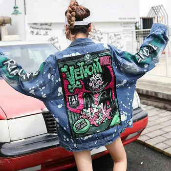 Sequin Jeans Bunda Ženy Graffiti Lebky Vzor Harajuku ELEGANTNÉ Punk Gothic Rock Denim Kabát Dlhý Rukáv Bežné Streetwear Štýlové