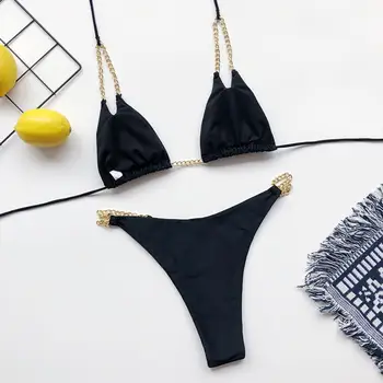 Sexy Dámske Bikini Set Kovové Reťaze Ramenný Popruh Plavky Dvojdielne Plavky Vyplnené Push Up Podprsenka Plavky, Plavky Letné Plážové Oblečenie