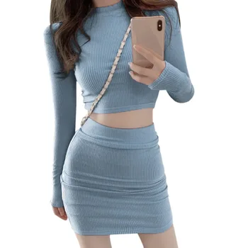 Sexy dámske Súpravy Bobora kórejský Dlhý Rukáv t-Shirt + Slim Sukne Bežné Farby Modrá 2pc Vyhovovali Jedna Veľkosť Vetements Femmes