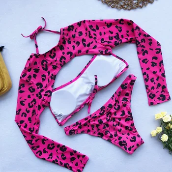 Sexy Leopard Tlač Bikini Nový Príchod Dlhý Rukáv Duté Z Plavky Ženy plavky Dámy plavky Plážové Tunika Bikini Set