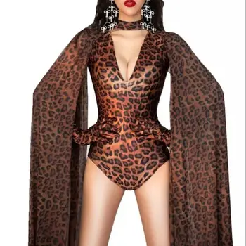 Sexy Leopard Vytlačené Kombinézu tvaru Spandex Šál Rukavice Party Stage Oblečenie Žien, Spevák, Tanečník Zobraziť Výkon Kostým
