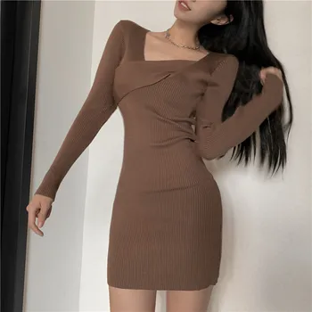 Sexy mini šaty žien jar jeseň dlhým rukávom tenký slim tvaru pletené šaty dámske kórejský štýl zimné tenká taška hip šaty