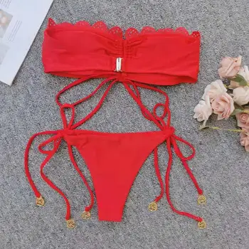 Sexy Pevné Bandeau Bikini 2020 String Sexy Ženské Plavky Ženy Frill Micro Bikini Set Bez Ramienok Pláži Plavky, Plavky