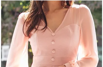 Sexy V Krku Dlhý Rukáv Šifón Morská Víla Volánikmi Šaty 2019 Jar Ženy Bežné Kórejský Šaty Slim Office Lady Ružové Šaty Bodycon