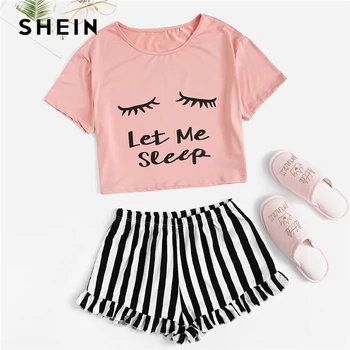 SHEIN Black Graphic Tee Ryby Pruhované Šortky PJ Okrúhlym Výstrihom, Krátky Rukáv Nastaviť 2019 Lete Ženy Patchwork Sleepwear