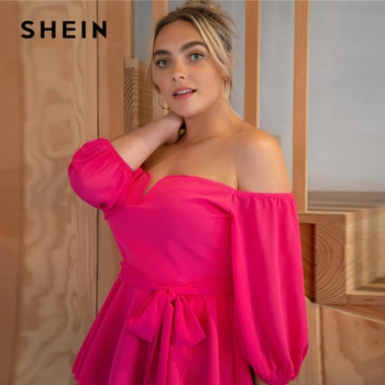 SHEIN Plus Veľkosť Hot Pink s Drážkou Mimo Ramenný Belted Peplum Top Ženy Jeseň Pevné Elegantné Dámske Topy a Blúzky