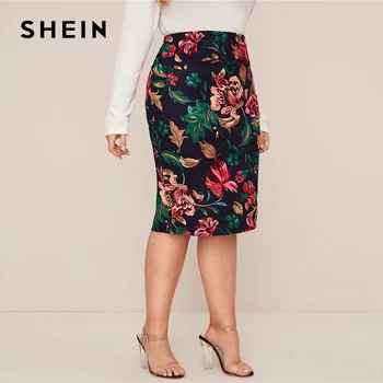 SHEIN Plus Veľkosť Multicolor Kvetinový Tlač Ceruzku Sukne Dámske Jar Jeseň Office Dámske Elegantné Midi Sukne