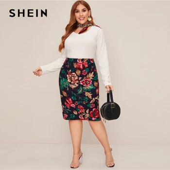 SHEIN Plus Veľkosť Multicolor Kvetinový Tlač Ceruzku Sukne Dámske Jar Jeseň Office Dámske Elegantné Midi Sukne