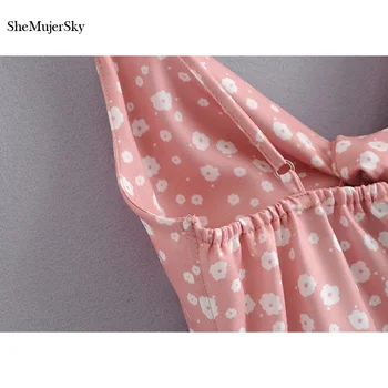 Shemujersky Sexy Ružová Backless Mini Šaty Strappy bez Rukávov Holiday Beach Ženy Šaty Kvetinový dames jurken