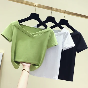 Shintimes Zelené Tričko Ženy V Krku T-shirt 2020 Lete kórejský Módne Žena Tričko Krátky Rukáv Dámske Topy Tee Tričko Femme