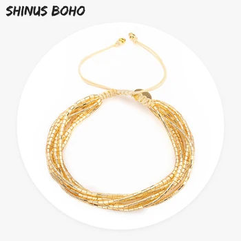 SHINUSBOHO Multi-layer MGB Korálky Náramkom Ženy Muži 4 Farebné Zviazaných s Zlatej Mince Náramok Nastaviteľné bracciali donna