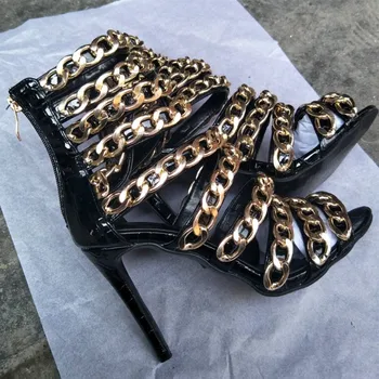 SHOFOO topánky.Módna novinka dámske topánky , čierny had kože, zlata reťazca dekorácie, 11 cm vysokým podpätkom sandále. VEĽKOSŤ:34-45