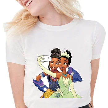 Shuri & Princess Tiana T-Shirt Ženy Roztomilý Kreslený selfie T Košele O-krku Mäkké Krátky Rukáv Bežné Biele Topy S1699