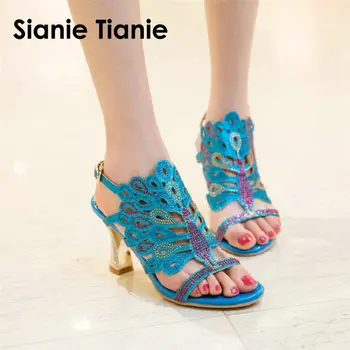 Sianie Tianie lete žena topánky zelená modrá etnických české ženy tenké vysoké podpätky lesk bling páva sandále s krištáľovo