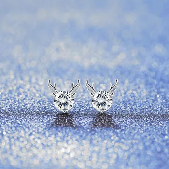 SILVERHOO Vianočné Elk Stud Náušnice 925 Sterling Silver Okrúhly Zirkón Malé Náušnice Pre Ženy Šperky Valentína Darček