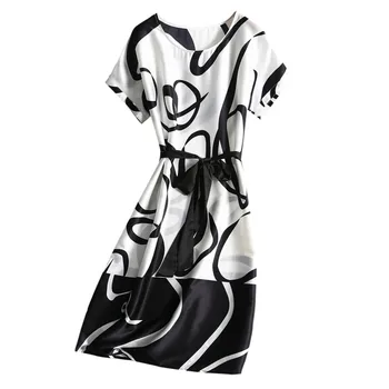 Silviye Nordic čiernej a bielej vytlačené hodvábne šaty žien moruša hodváb francúzsky opasok party-line šaty nové letné