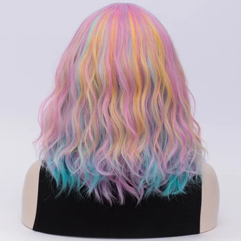Similler Krátke Rainbow Parochne pre Ženy Kučeravé Vlasy Cosplay Syntetické Parochňa s Ofinou tepelnú Odolnosť Vlákniny Multicolor