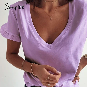 Simplee Bežné tvaru prehrabať ženy T-shirts Lete jednoduché jednofarebné mid-dĺžka hornej žena topy Krátky rukáv dámske topy