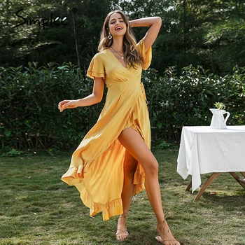 Simplee tvaru rozstrapatené boho šaty, Sexy bavlna krátky rukáv holiday beach maxi šaty Bežné pevné žltá jar leto zábal šaty