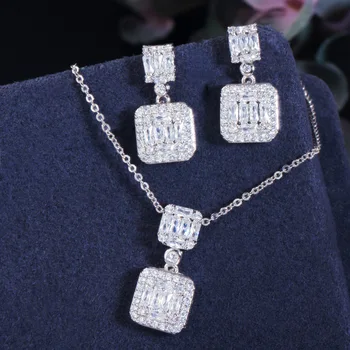 SINZRY nový rez čisto biela, kubický zirkón micro pave námestie geometrické náhrdelník prívesok náušnice šperky set pre ženy