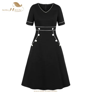 SISHION Krátky Rukáv Ženy Čierne Šaty SP0289 V Krku Elegantné 50. rokov 60. rokoch Retro Vintage Plus Veľkosť Šaty