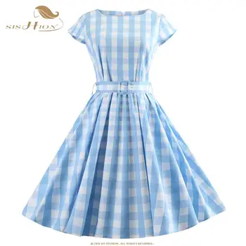 SISHION Rockabilly Šaty SP1886 2021 Riadok Plus Veľkosť Svetlo Modré Kockované Vintage Swing pin up Bavlnené Šaty