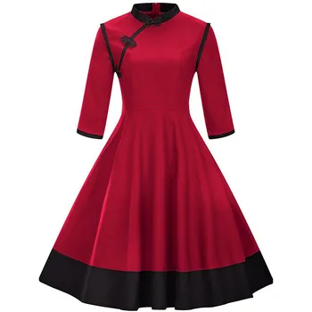 Sisjuly vintage šaty 1950 jar black patchwork riadok party šaty qipao krku elegantné červené tri štvrtiny retro šaty nové