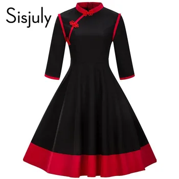 Sisjuly vintage šaty 1950 jar black patchwork riadok party šaty qipao krku elegantné červené tri štvrtiny retro šaty nové