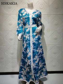 Siskakia Dlhý Rukáv Maxi Šaty pre Ženy Sweet Blue Pink Dubaj Abaya Módne Orezania pása s nástrojmi V Krku Jalabiya Moslimských Jeseň 2020 Nové