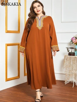 Siskakia Elegantné Etnických Výšivky Maxi Šaty Zimné 2020 Ženy Plus Veľkosť Dlhý Rukáv Bežné Arabské Moslimské Oblečenie Turecko