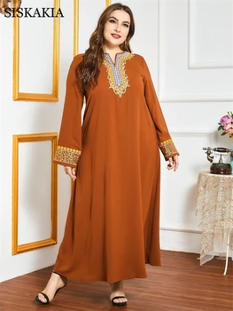 Siskakia Elegantné Etnických Výšivky Maxi Šaty Zimné 2020 Ženy Plus Veľkosť Dlhý Rukáv Bežné Arabské Moslimské Oblečenie Turecko