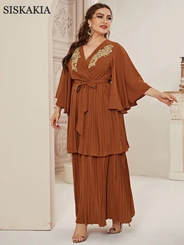 Siskakia Etnických Plus Veľkosť Maxi Šaty pre Ženy 2021Solid Skladaný Zábal V Krku Prehrabať Rukáv arabčina Omán Dubaj Turecko Abaya Šaty