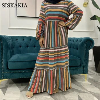Siskakia Módne Farebné Pruhované Patchwork Maxi Šaty Žien Jeseň 2020 Elegantné O Krk Dlhý Rukáv Bežné Arabské Moslimské Oblečenie