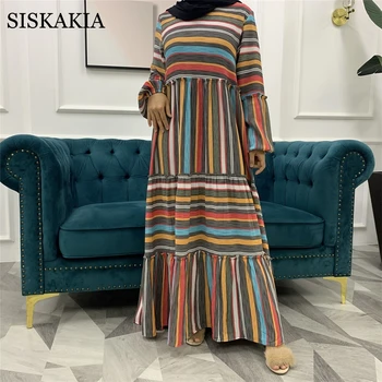 Siskakia Módne Farebné Pruhované Patchwork Maxi Šaty Žien Jeseň 2020 Elegantné O Krk Dlhý Rukáv Bežné Arabské Moslimské Oblečenie