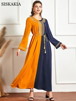 Siskakia Plus Veľkosť Maxi Šaty pre Ženy Jeseň 2020 Elegantný Kontrast, Farby, Etnického Výšivky Dlhý Rukáv Dubaj arabčina Qtar Oblečenie