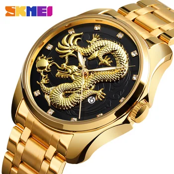 SKMEI Luxusné Zlaté Mužov Quartz Hodinky Čínsky Drak Vzor Nepremokavé Muž Náramkové hodinky Montre homme Relógio de homem Hodiny 9193