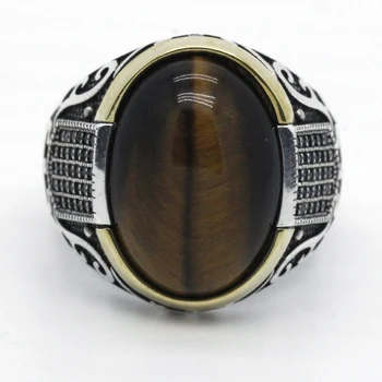 Skutočné mincový striebro, starožitné turecký prsteň s kameňom tigrie oko mužov farebné punk rock šperky