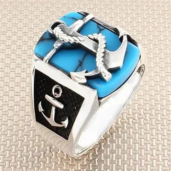 Skutočný Čistý 925 Sterling Silver Ring Mužov S Kamennými Tyrkysové Drahokam Kotvy Darček Pre Neho pánske Prstene Handmade - turecký Šperky