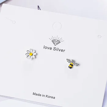 Sladké Roztomilý Honey Bee Kvet Daisy 925 Sterling Silver Náušnice Pre Ženy Asymetrický Cubic Zirconia Smalt Kórejský Šperky, Darčeky