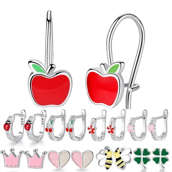 Sladké Roztomilý Červený Smalt Apple Stud Náušnice pre Deti, Deti, Dievčatá, 925-Mincový Striebro Náušnice Šperky sviatok Vianočný Darček