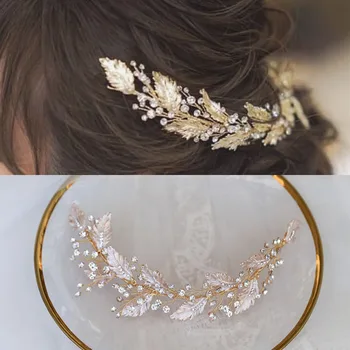 SLBRIDAL Ručné Vinatge Gold Crystal Kamienkami Pobočky Leaf Svadobné doplnky do Vlasov Vlasy Viniča Svadobné hlavový most Ženy Šperky