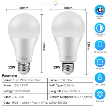 Smart LED Žiarovky 12W 15W Wifi RGB Lampa E27 Farba Stmievateľné Led Žiarovka Pracovať S Tuya Inteligentný Život APLIKÁCIE Hlasové Ovládanie Alexa Google