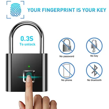 Smart Nabíjateľná Dverí Zamky Odtlačkov prstov Quick Lock odblokovať Dotykový Ovládací Keyless Bezpečnostný Visiaci zámok, USB Kábel