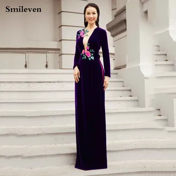 Smileven Fialová Kaftane Formálne Večerné Šaty Velvet Alžírskej Zvláštne príležitosti Šaty 3d Kvety Večer Party Šaty Plus Veľkosť