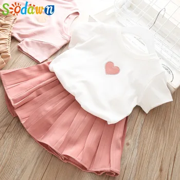 Sodawn Deti Oblečenie Dievčatá Sady Láska Topy+Skladaný Študent Sukne Set Baby Girl Šaty Letné Dieťa Oblek