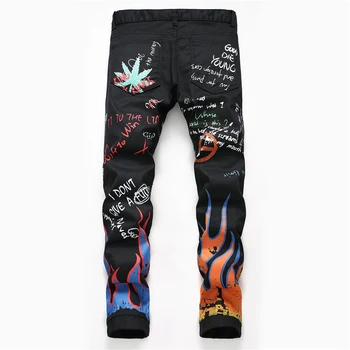 Sokotoo pánskej módy písmená plameň vytlačené čierne džínsy Slim straight farebné maľované strečové nohavice